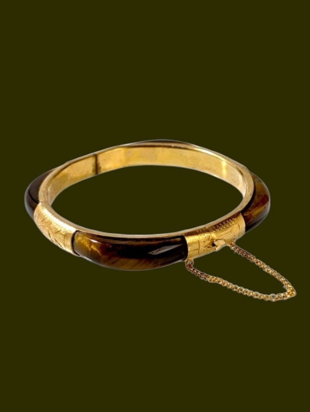 Vintage Mid Century Chinese Tiger's Eye And Gold Plated Hinged Bangle Bracelet